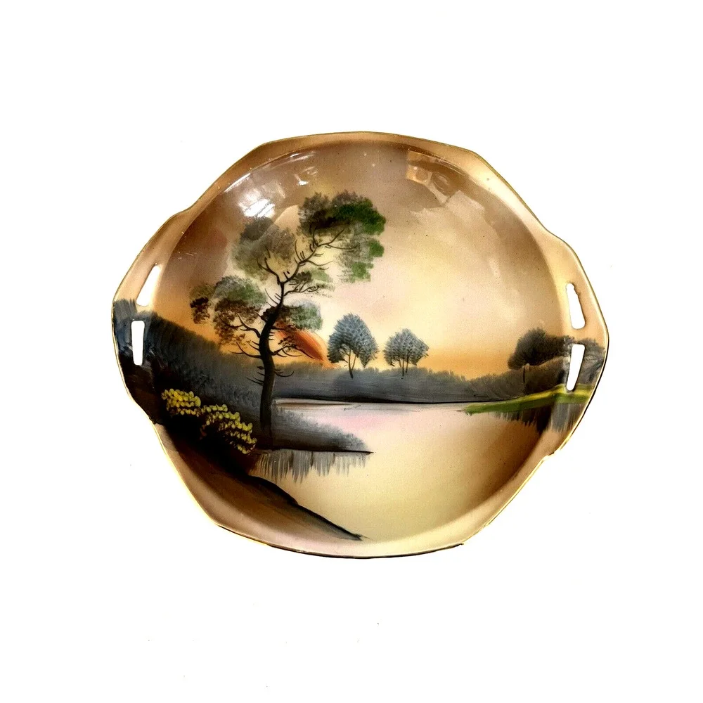 Noritake Vintage Bowl Handpainted Made in Japan Landscape Trees Water Green